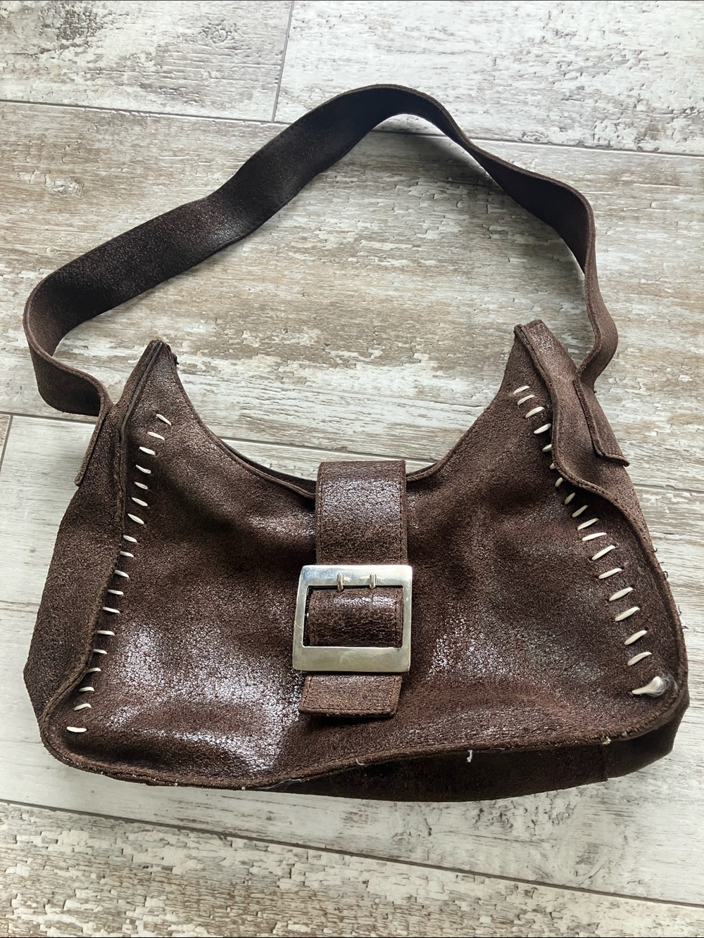 Chocolate Brown Leather Shoulder Bag with Buckle Accent